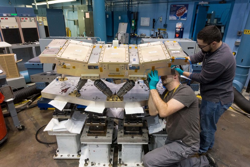 The Orion spacecraft Crew Console undergoing vibration testing on two T2000 shakers mounted horizontally at the Acoustic Vibration Lab at Lockheed Martin’s Space Systems Company headquarters in Littleton, CO
